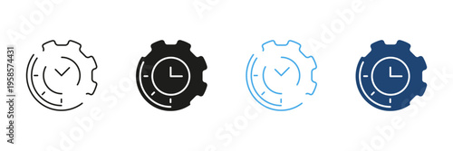 Clock And Gear Solid Icon Set. Time Management, Efficiency, And Productivity Outline And Silhouette Symbol Collection. Business Optimization And Workflow Improvement. Isolated Vector Illustration
