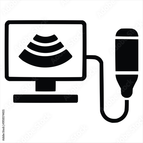 Ultrasound machine with probe and screen displaying sonogram image, medical technology icon.
