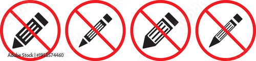 no Pencil icon. Writing tool prohibition symbols. No graphite pencil graphic design. Black and red prohibition signs with pencil and notebook on white background Keywords.Stationery restriction and 