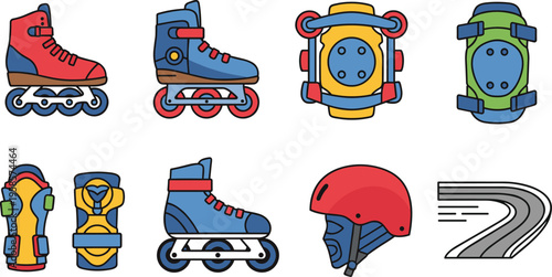 Flat Roller Skating Equipment Icon Set Featuring Inline Skates Protective Pads Helmet and Track Elements for Sports and Recreation Design
