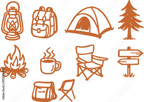 flat design camping essentials and outdoor adventure icons set on white background