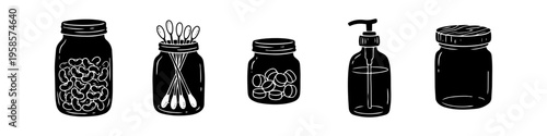 Jar, Beans and Spoons Monochrome Icon Set. High quality stock illustration with clear subject focus, cohesive composition, and versatile commercial applicability across branding, editorial.