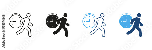 Person Walking With Stopwatch Icon Set. Time Management, Efficiency, And Productivity Outline And Silhouette Symbol Collection. Business And Personal Development. Isolated Vector Illustration