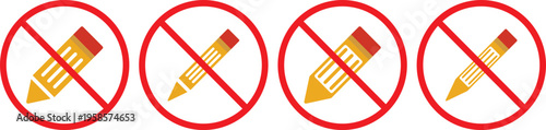 no Pencil icon. Writing tool prohibition symbols. No graphite pencil graphic design. Black and red prohibition signs with pencil and notebook on white background Keywords.Stationery restriction and 