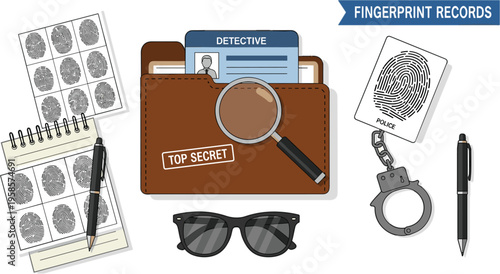 Detective Fingerprint Records, Magnifying Glass, Handcuffs, and Secret Files Illustration for Crime and Investigation Themes