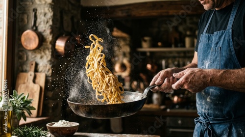 Skilled Chef Tossing Fresh Homemade Pasta in a Rustic Kitchen