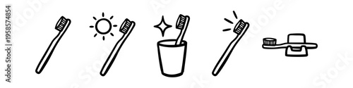 Toothbrush, Sun and Star Monochrome Icon Set. High quality stock illustration with clear subject focus, cohesive composition, and versatile commercial applicability across branding, editorial.