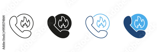 Phone With Fire Icon Set. Emergency Hotline, Urgent Call, And Crisis Communication Symbol Collection. Customer Support, Helpline, And Rapid Response. Isolated Vector Illustration