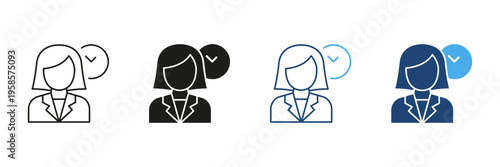 Female Professional With Checkmark Icon Set. Approval, Verification, And Confirmation Symbol Collection. Businesswoman, Success, And Achievement Representation. Isolated Vector Illustration