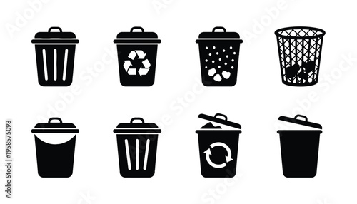 A collection of eight different trash can icons are displayed on a white background.