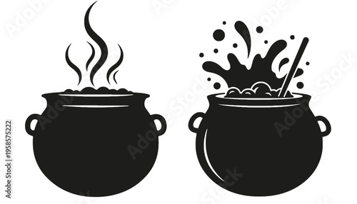 Two cauldrons, one steaming and one bubbling with a spoon.