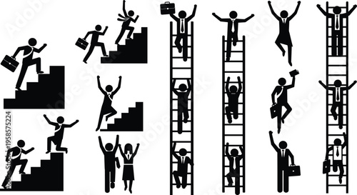 Business people silhouettes climbing stairs and ladders, career growth success concept, leadership, motivation, achievement, corporate progress, professional development illustration