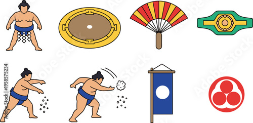 Sumo Wrestling Icon Set with Fighter Poses Ring Fan Belt and Symbols Isolated on White Background for Japanese Culture Sports Illustration and Traditional Design