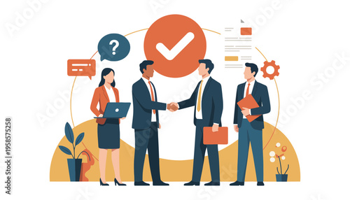 Business partners shake hands to finalize a successful agreement with a checkmark.