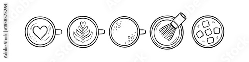 Distinct monochrome icon and hand drawn icon set in outline style. Curated coffee and line icon icon pack in outline style. Variant focused on whisk and ice cubes in outline style. Alternative leaf.