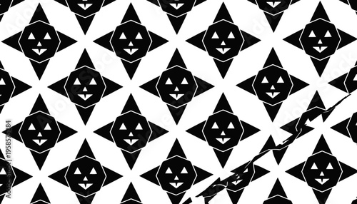 A repeating pattern of black and white faces with diamond shapes.