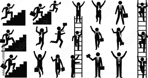 Business people silhouettes climbing stairs and ladders, career growth concept, success achievement, leadership, motivation, corporate progress, professional development illustration
