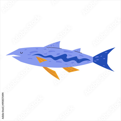 Blue tropical fish with orange fins. Marine animal design for kids education, print, logo, aquarium theme. Vector isolated on white background
