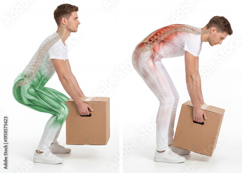 Correct and Incorrect Lifting Technique Comparison with Highlighted Spine Stress. Illustration