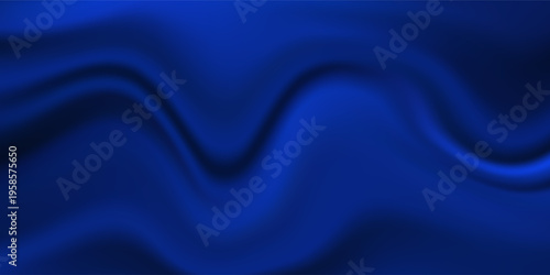Silk satin fabric. Navy blue color. Abstract dark elegant background with space for design. Soft wavy folds. Drapery. Gradient. Light lines. Shiny. Shimmer. Glow.Template. Wide banner. Panoramic.