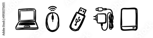 Laptop, Mouse and Usb Drive Monochrome Icon Set. High quality stock illustration with clear subject focus, cohesive composition, and versatile commercial applicability across branding, editorial.