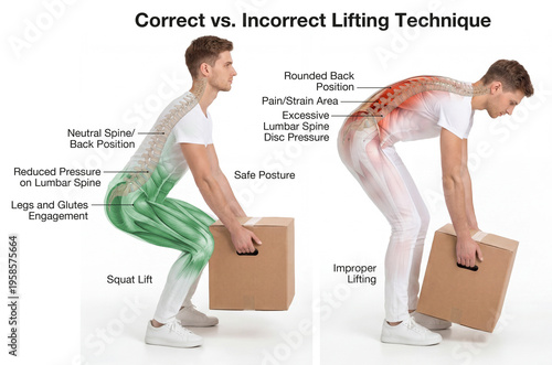 Correct and Incorrect Lifting Technique Comparison with Highlighted Spine Stress. Illustration