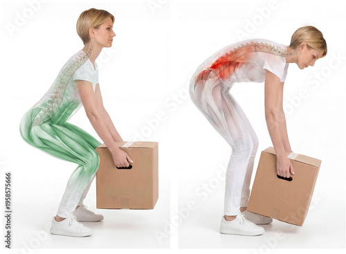Correct and Incorrect Lifting Technique Comparison with Highlighted Spine Stress