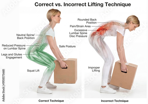 Correct and Incorrect Lifting Technique Comparison with Highlighted Spine Stress