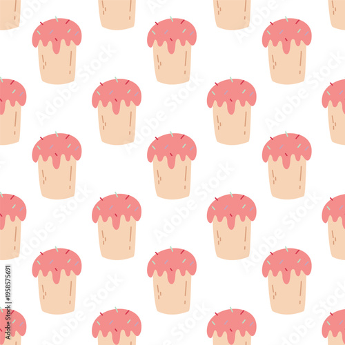 Seamless easter cake pattern in cute flat style with pastel colors. Perfect for textile, wrapping paper, and bakery design. Sweet modern dessert background.