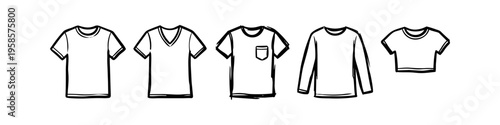 Variant focused on crew neck and shirts in outline style. Alternative pocket and long sleeve collection in outline style. Distinct t-shirt and v-neck set in outline style. T-shirt, V-neck and Pocket.