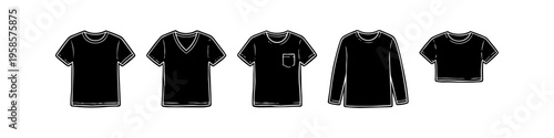 Distinct different and styles set in outline style. Curated black and shirts icon pack in outline style. Variant focused on short sleeve and crew neck in outline style. Alternative pocket and long.