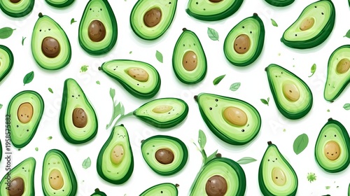 Pattern of sliced and whole avocados with brown pits and green flesh on a white background, surrounded by small green leaves and scattered elements