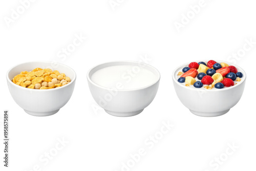 Bowls of healthy breakfast cereal, milk, and fruit on transparent background