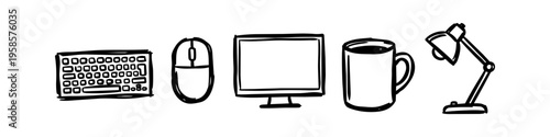 Distinct keyboard and mouse set in outline style. Keyboard, Mouse and Monitor Monochrome Icon Set. High quality stock illustration with clear subject focus, cohesive composition, and versatile.