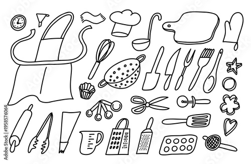 Cooking utensils sketches set. Black line hand drawn line illustration on white background.