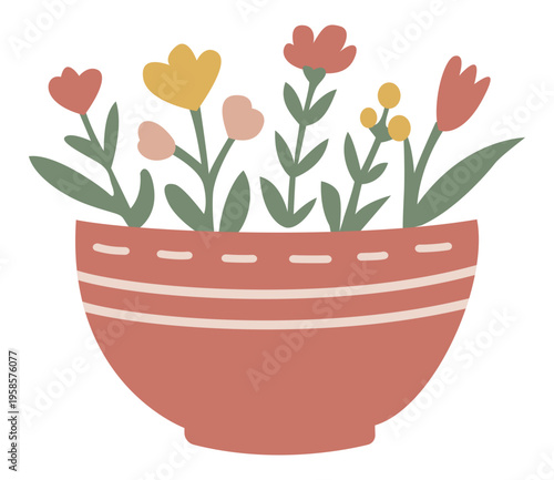 Flowers in Ceramic Pot Illustration. Spring flowers basket illustration
