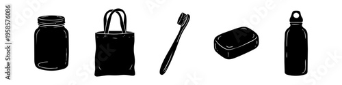 Variant focused on bottle and daily in outline style. Alternative toothbrush and soap collection in outline style. Distinct jar and bag set in outline style. Jar, Bag and Toothbrush Monochrome Icon.