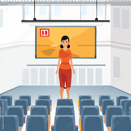 Woman presenting in auditorium illustration for education and business concepts