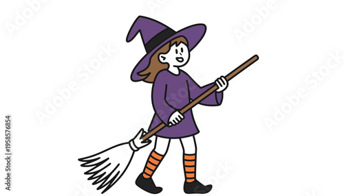 A young witch in a purple dress and hat rides a broomstick.