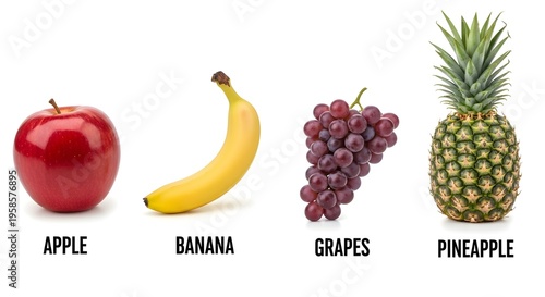 fruits apple banana grapes pineapple with names for children's education