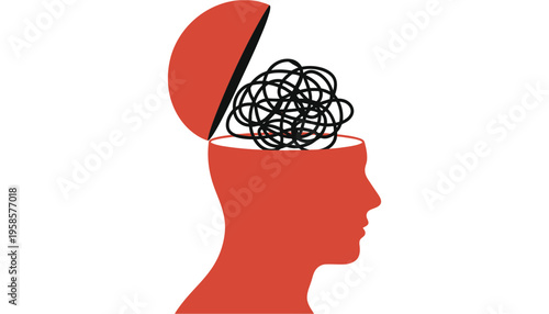 A silhouette of a head with a tangled mess of lines inside, representing confusion.
