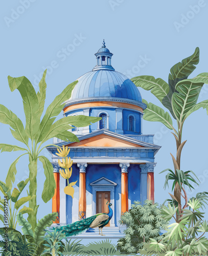 Traditional Roman garden arch peacock wallpaper. Vintage classical Roman botanical tree landscape illustration.