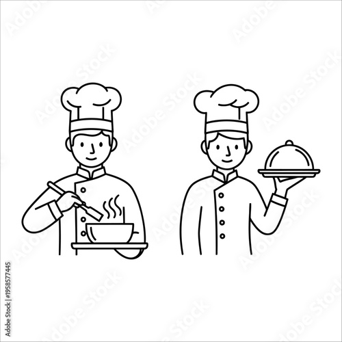 Two chefs cooking and serving food vector illustration
