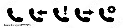 Phone call icons, solid glyph style phone symbols, incoming outgoing call arrows, communication symbol, vector illustration