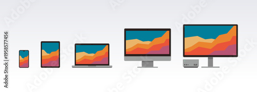 デバイス別レスポンシブデザインの比較　スマートフォンからデスクトップまでの画面表示ベクター