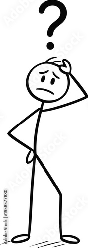 Confused stick figure, puzzled character, question mark, uncertain person, thinking face
