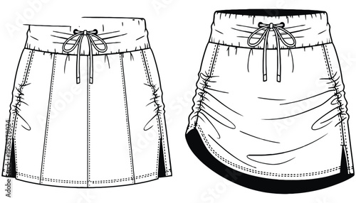 Two fashion sketches of athletic skirts with drawstring waists and side slits.