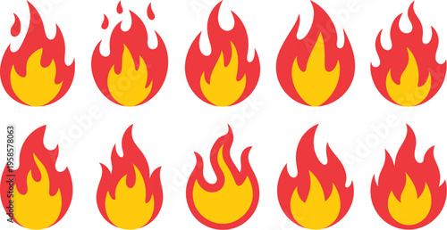 Fire flames icon flat vector collection, flame symbols