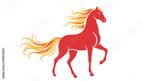 A stylized red horse with a flowing golden mane and tail stands proudly.