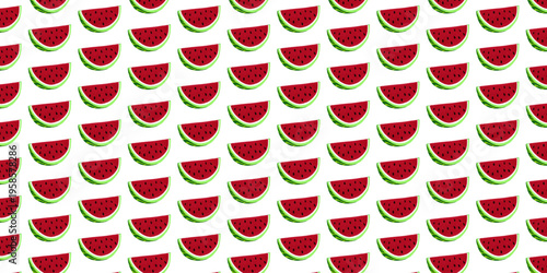 Seamless pattern of watermelon slices on a light background, fresh summer fruit design with vibrant colors.
